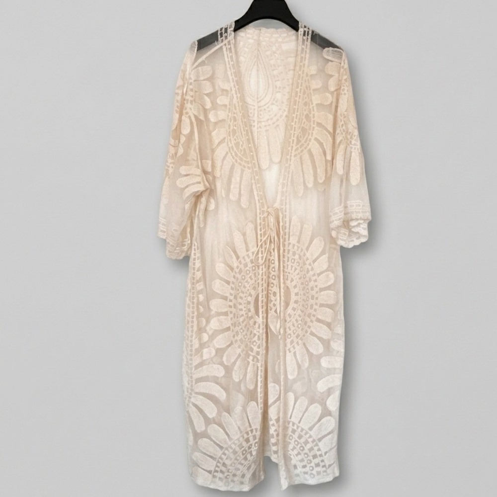 Cream Sheer Lace Kimono Duster Long Floral Embroidery Mesh Cover Up